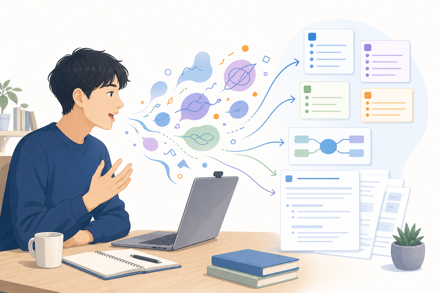 大学生が自由に話した考えをAIがメモ、疑問、調査項目、構成案へ整理する様子