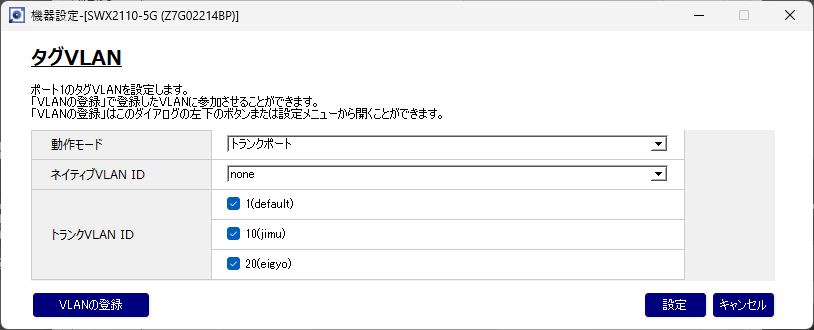タグVLANの設定ダイアログ(ポート1)。動作モード=トランクポート、ネイティブVLAN ID=none、トランクVLAN ID の欄に「1(default)」「10(jimu)」「20(eigyo)」が並び、すべてにチェックが入っている。左下に「VLANの登録」、右下に「設定」「キャンセル」ボタン